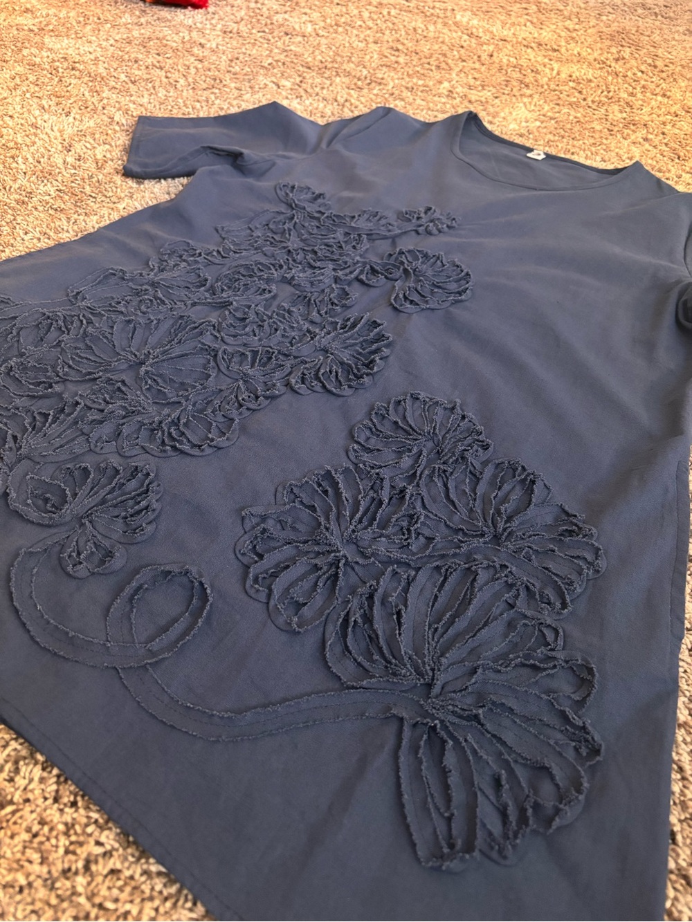 Navy Floral Appliqué Tunic/Mini Dress • Artsy Lagenlook Pocket Dress Size L - Picture 3 of 9